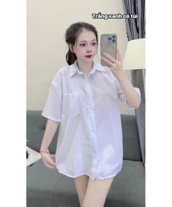Áo Sơ Mi Trắng Tay Lỡ Túi Ngực Form Rộng - Áo Sơ Mi Đi Học Cộc Tay Chất Thô Mềm