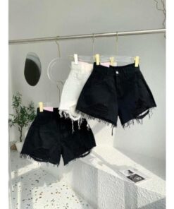 Quần short rách nữ, rách nhiều lưng cao- quần sooc bò 2 màu trắng dày dặn