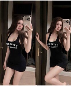 Váy Đầm ôm body dáng 3 lỗ họa tiết in chữ xinh xắn mặc tôn dáng hot trend cá tính Đi chơi duyên dáng