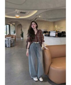 Áo sơ mi nâu caro nữ form rộng vintage – Áo sơ mi tay dài phong cách Hàn Quốc cá tính