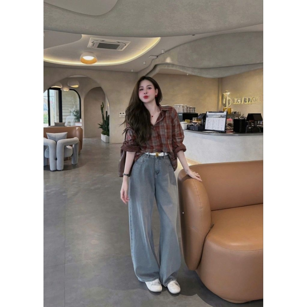 Áo sơ mi nâu caro nữ form rộng vintage – Áo sơ mi tay dài phong cách Hàn Quốc cá tính