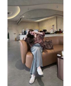 Áo sơ mi nâu caro nữ form rộng vintage – Áo sơ mi tay dài phong cách Hàn Quốc cá tính