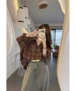 Áo sơ mi nâu caro nữ form rộng vintage – Áo sơ mi tay dài phong cách Hàn Quốc cá tính