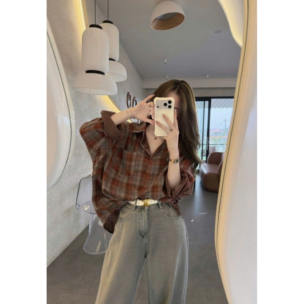 Áo sơ mi nâu caro nữ form rộng vintage – Áo sơ mi tay dài phong cách Hàn Quốc cá tính