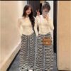 Sét bộ áo thun dài tay phối + Quần dài ống rộng kẻ sọc tôn dáng Hot Trend cực xinh