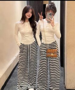 Sét bộ áo thun dài tay phối + Quần dài ống rộng kẻ sọc tôn dáng Hot Trend cực xinh