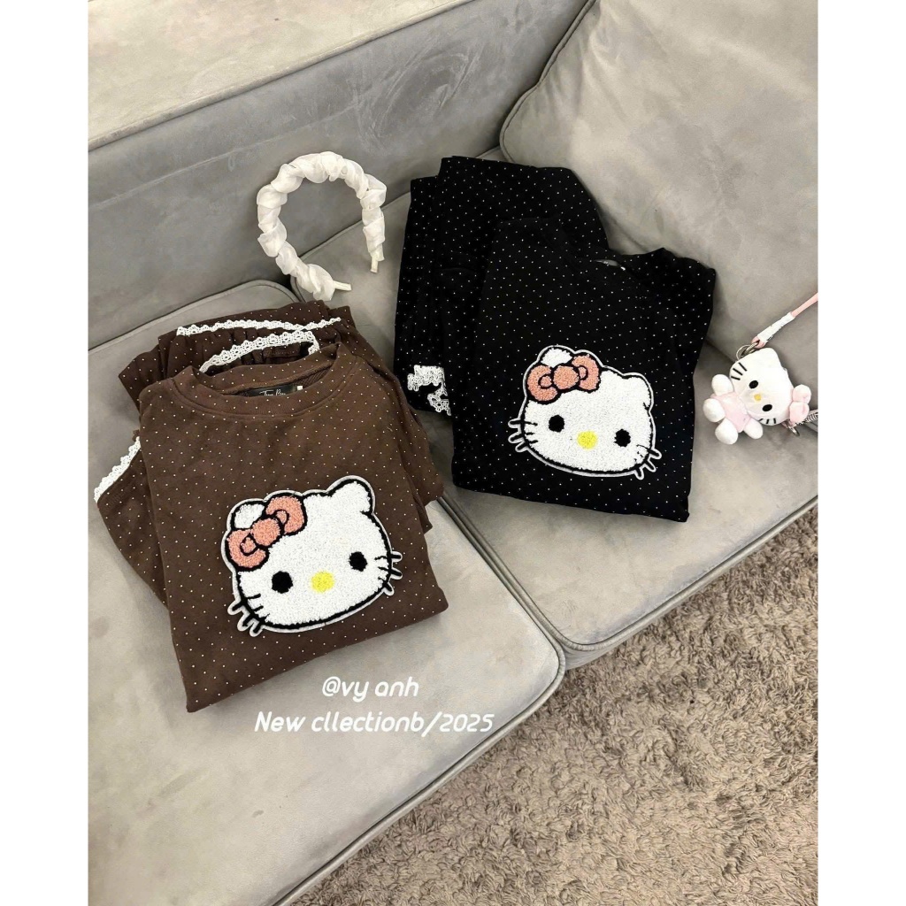Bộ đồ ngủ nỉ nữ Hello Kitty – Set đồ mặc nhà chấm bi form rộng, mềm ấm, dễ thương