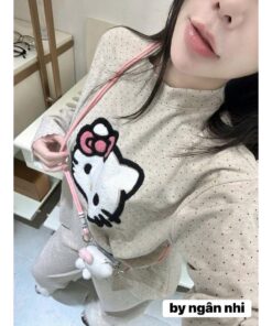 Bộ đồ ngủ nỉ nữ Hello Kitty – Set đồ mặc nhà chấm bi form rộng, mềm ấm, dễ thương