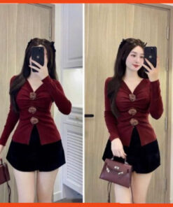 Set đồ nữ, Sét áo thun tăm zip dài tay phối đính hoa trà kèm quần nhung chum đáng yêu siêu đẹp