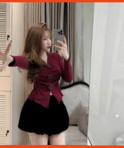 Set đồ nữ, Sét áo thun tăm zip dài tay phối đính hoa trà kèm quần nhung chum đáng yêu siêu đẹp