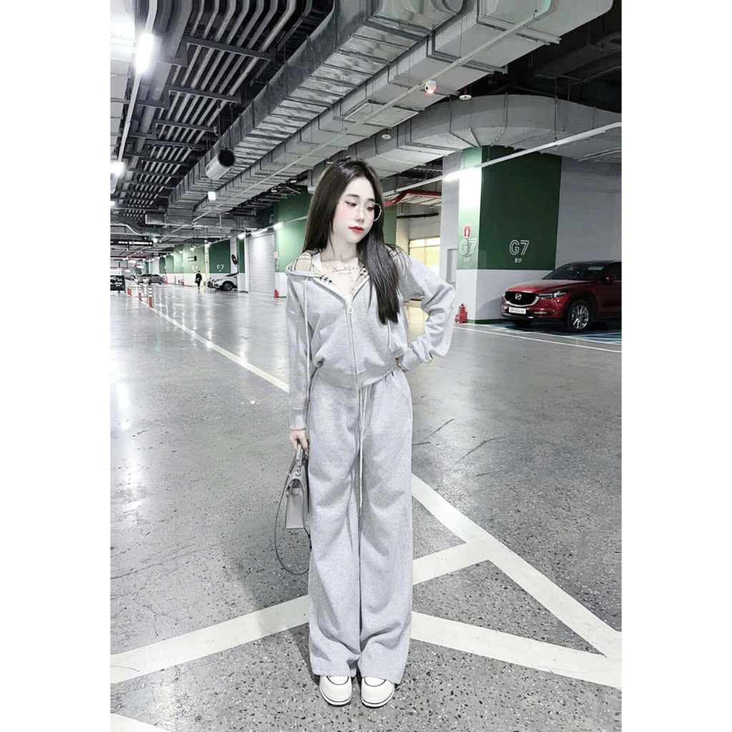 Sét Bộ Nỉ Nữ, Bộ nỉ nữ Phối Áo Croptop Khóa Mũ Kèm Quần ống suông Cạp Chun, Năng Động Trẻ Trung