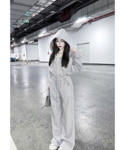 Sét Bộ Nỉ Nữ, Bộ nỉ nữ Phối Áo Croptop Khóa Mũ Kèm Quần ống suông Cạp Chun, Năng Động Trẻ Trung
