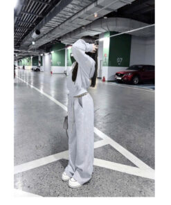 Sét Bộ Nỉ Nữ, Bộ nỉ nữ Phối Áo Croptop Khóa Mũ Kèm Quần ống suông Cạp Chun, Năng Động Trẻ Trung