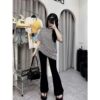 Set Bộ Món Áo Thun Kẻ Mix Quần Đen Loe Siêu Đẹp Chất Thun Co Giãn & Vải Mềm Mát, Tôn Dáng