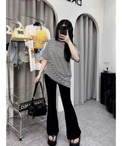 Set Bộ Món Áo Thun Kẻ Mix Quần Đen Loe Siêu Đẹp Chất Thun Co Giãn & Vải Mềm Mát, Tôn Dáng