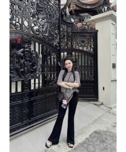 Set Bộ Món Áo Thun Kẻ Mix Quần Đen Loe Siêu Đẹp Chất Thun Co Giãn & Vải Mềm Mát, Tôn Dáng