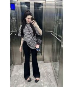 Set Bộ Món Áo Thun Kẻ Mix Quần Đen Loe Siêu Đẹp Chất Thun Co Giãn & Vải Mềm Mát, Tôn Dáng
