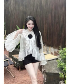 Áo Voan Tơ Phối Bèo Đính Hoa Tiểu Thư, Áo Sơ Mi Voan Hoa Trà Xinh