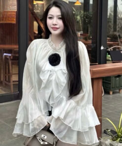 Áo Voan Tơ Phối Bèo Đính Hoa Tiểu Thư, Áo Sơ Mi Voan Hoa Trà Xinh