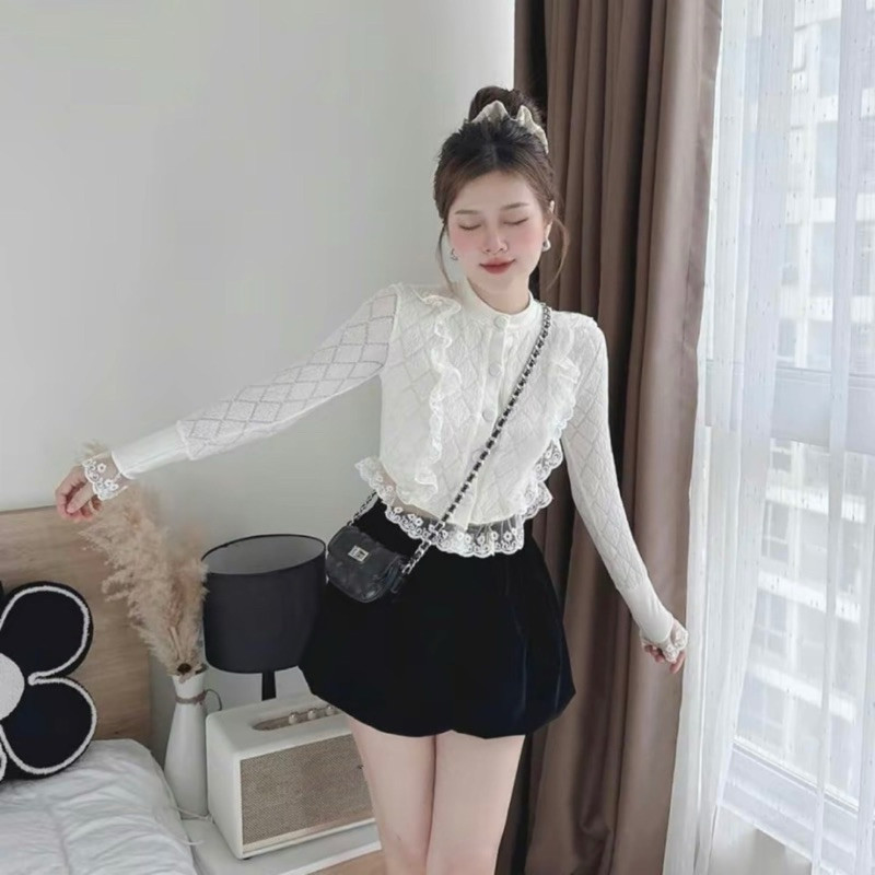 Set Áo Len Tăm Đính Hoa Trẻ Trung Năng Động Kèm Quần Nhung Bí Siêu Đẹp