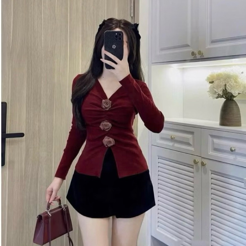 Set Áo Len Tăm Đính Hoa Trẻ Trung Năng Động Kèm Quần Nhung Bí Siêu Đẹp