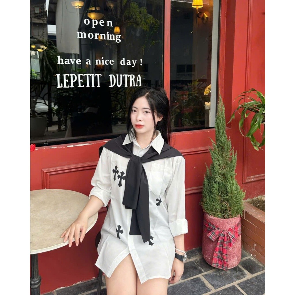 Áo Sơ Mi Chữ Thập Kèm Khăn Hot Hit, Áo Kèm Khăn Tre Trung Cá Tính