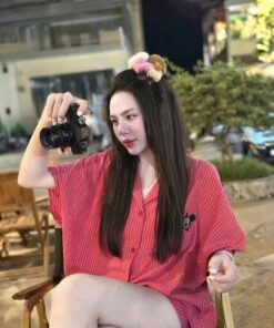 Bộ Pizama Nữ, Áo Tay Lỡ Thêu Logo Chuột Kèm Quần Đùi Xinh Xắn