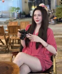 Bộ Pizama Nữ, Áo Tay Lỡ Thêu Logo Chuột Kèm Quần Đùi Xinh Xắn
