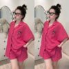 Bộ Pizama Nữ, Áo Tay Lỡ Thêu Logo Chuột Kèm Quần Đùi Xinh Xắn
