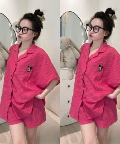 Bộ Pizama Nữ, Áo Tay Lỡ Thêu Logo Chuột Kèm Quần Đùi Xinh Xắn