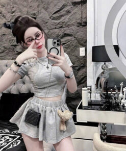 Set Áo Croptop DE Kèm Gấu Mix Chân Váy Xoè Dễ Thương, Chất Nỉ Mì Dày Dặn