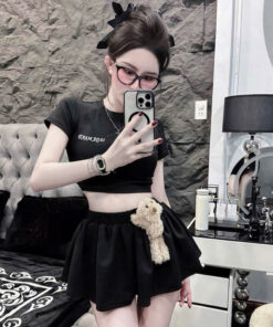 Set Áo Croptop DE Kèm Gấu Mix Chân Váy Xoè Dễ Thương, Chất Nỉ Mì Dày Dặn