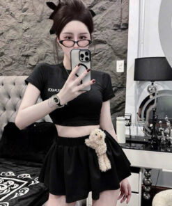 Set Áo Croptop DE Kèm Gấu Mix Chân Váy Xoè Dễ Thương, Chất Nỉ Mì Dày Dặn