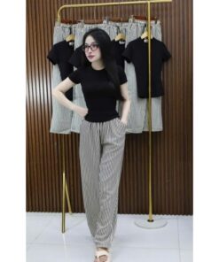 Sét Áo Thun Tăm Trơn Mix Quần Suông Kẻ Chất Đũi Xốp Xinh Xắn
