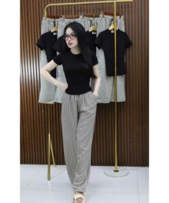 Sét Áo Thun Tăm Trơn Mix Quần Suông Kẻ Chất Đũi Xốp Xinh Xắn