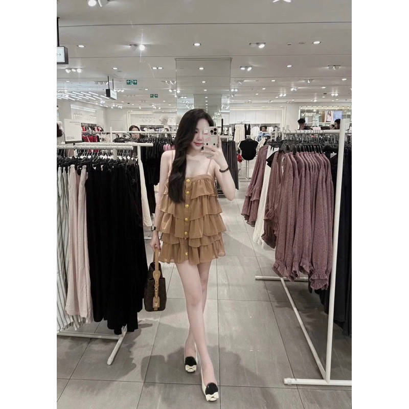 Set Tơ Tầng Màu Nâu Mùa Hè 2 Dây Phối Quần kiểu dáng trẻ trung cách điệu