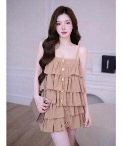 Set Tơ Tầng Màu Nâu Mùa Hè 2 Dây Phối Quần kiểu dáng trẻ trung cách điệu