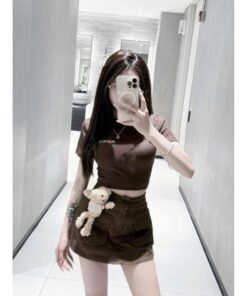 Set Croptop Mix Chân Váy Kèm Gấu Bông Dễ Thương