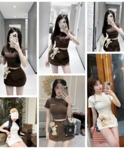 Set Croptop Mix Chân Váy Kèm Gấu Bông Dễ Thương