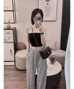 Quần caro ống suông nữ kẻ chun cạp cao có dây chỉnh, quần vải kẻ caro chất thô xốp mềm mịn