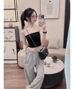 Quần caro ống suông nữ kẻ chun cạp cao có dây chỉnh, quần vải kẻ caro chất thô xốp mềm mịn