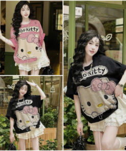 Áo Phông Hello-Kty Nữ Dễ Thương Đáp Vải Dày Dặn Chất Cotton 2 Chiều Cao Cấp