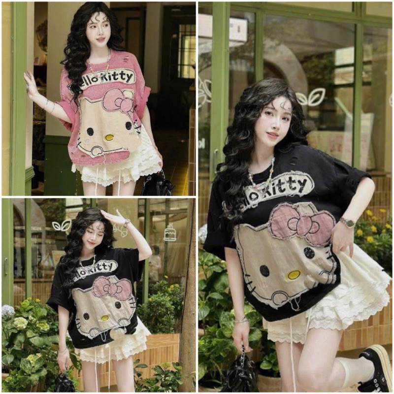 Áo Phông Hello-Kty Nữ Dễ Thương Đáp Vải Dày Dặn Chất Cotton 2 Chiều Cao Cấp