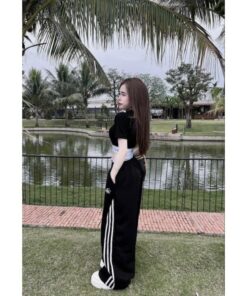 Set Đồ Nữ, Set Áo Croptop C Bo Quần Ống Rộng Sọc Hot Trends, Phong Cách Năng Động Trê Trung