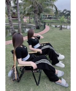 Set Đồ Nữ, Set Áo Croptop C Bo Quần Ống Rộng Sọc Hot Trends, Phong Cách Năng Động Trê Trung