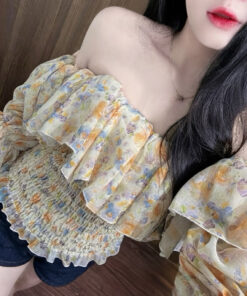 Áo Trễ Vai Hoa Phối Bèo Dài Tay Chất Voan Tơ Mềm Mại, Áo Voan Bèo Tiểu Thư