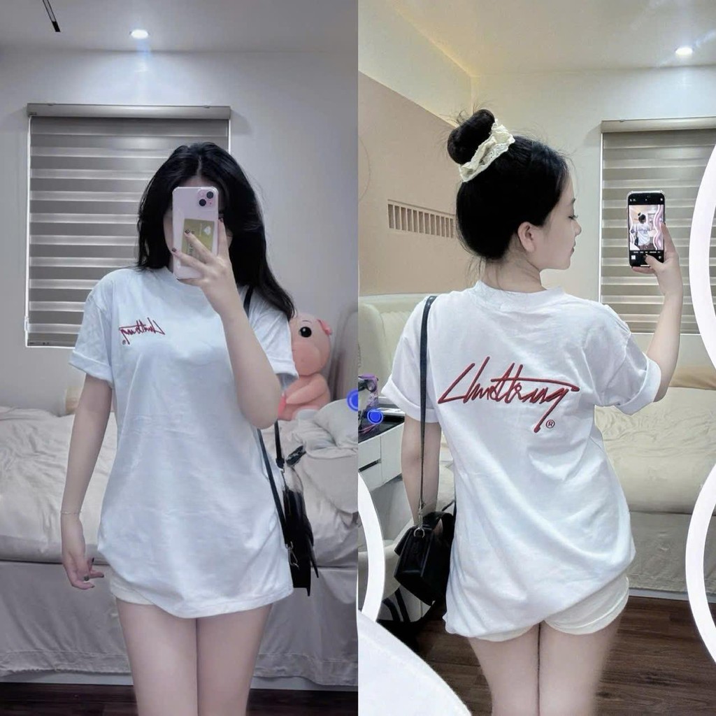 Áo Thun Nữ Cotton 2 Chiều Form Rộng – Thêu Chữ Đỏ, Form unisex Basic Cực Xinh