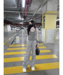 Set đồ nữ áo hai dây trơn kèm quần ống suông họa tiết chất thun dày dặn thoáng mát