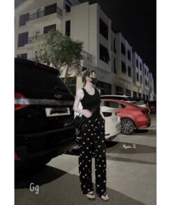 Set đồ nữ áo hai dây trơn kèm quần ống suông họa tiết chất thun dày dặn thoáng mát