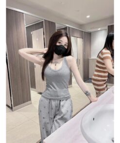 Set đồ nữ áo hai dây trơn kèm quần ống suông họa tiết chất thun dày dặn thoáng mát